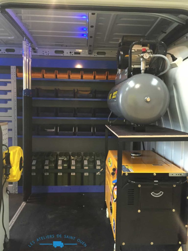 fourniture et pose dans votre utilitaire pour transformé en atelier mobile avec compresseur et étagère en aluminium barre télescopique rail Aero jerricane et bac a bec