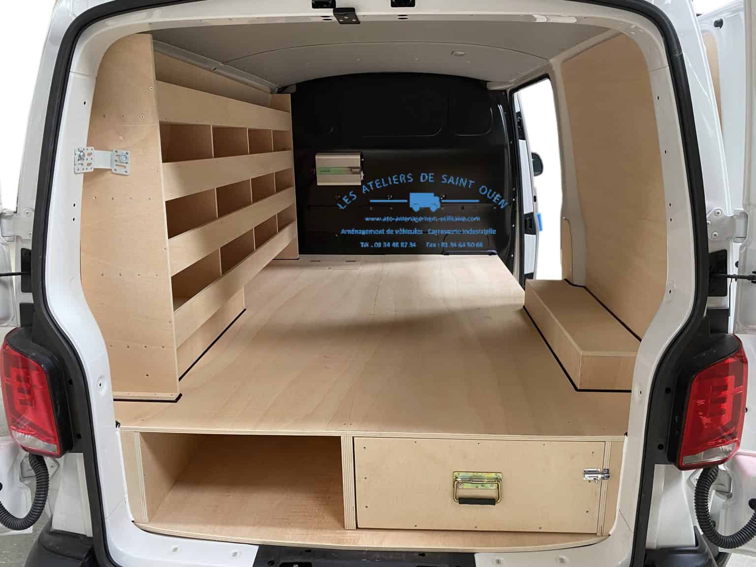 amenagementvehiculeutilitaireetageresboisdoubleplancheravectiroirvolkswagent6l1h1