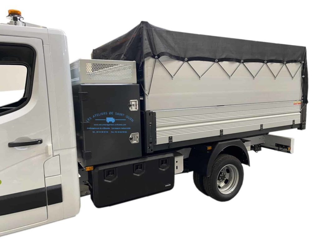 benne jpm avec coffre contre cabine sous benne et ridelle avec bache