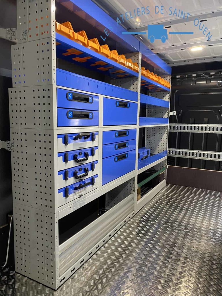 étagère métallique gauche sur mesure renault master avec bac a bec rail universel et plancher alu