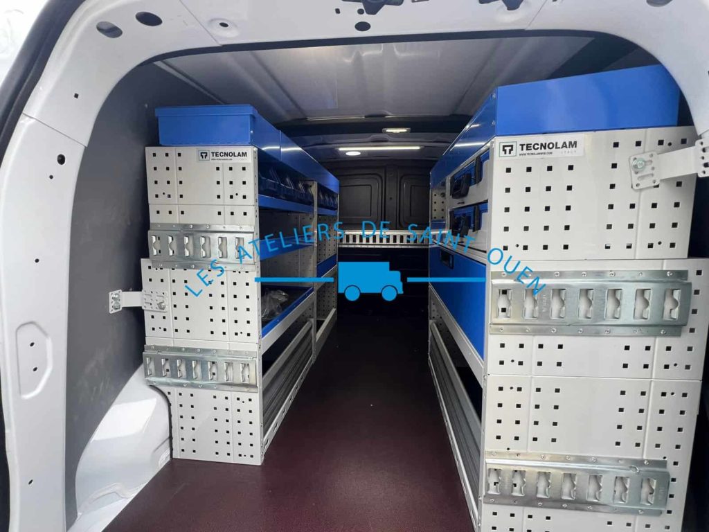 renault kangoo aménagement utilitaire fourgon étagère métallique avec bac a bec rail universel et habillage polypropylene